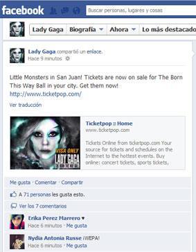 MUSICA: Lady Gaga promociona por Facebook su concierto en Puerto Rico
