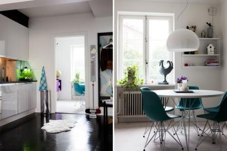 60 m² en dos plantas suelo madera color negro sillas y mesa eames sillas Eames en azul los módulos violetas de pared de Montana lámparas de diseño lámpara kartell Kartell Louis Ghost lampara globos terráqueos decoración estilo nórdico estantería en blanco de String diseño de muebles diseño de interiores diseño danés diseño americano decoración pisos pequeños decoración nórdica sueca decoración escandinava decoración de interiores blog interiorismo blog decoración blog deco