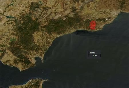 Imagen satélite (30.08.2012) del incendio en Málaga