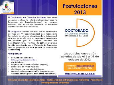 Postulaciones 2013 Doctorado en Ciencias Sociales, Universidad de Chile (1 al 31 de octubre de 2012)