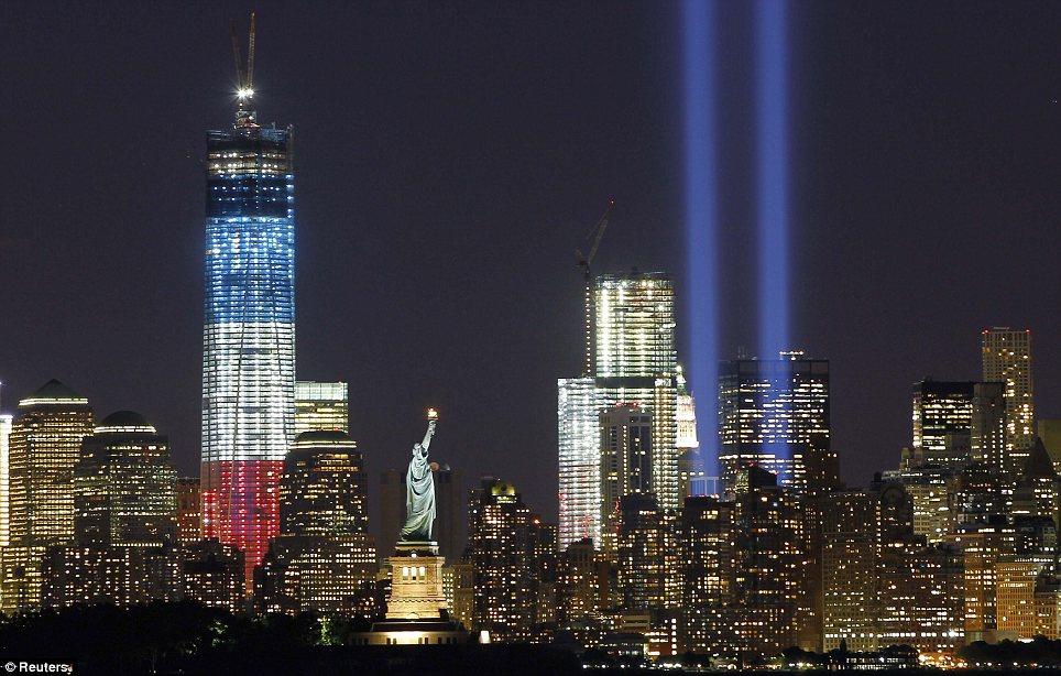 Memory: The Manhattan skyline has been lit up with tributes to the victims of the September 11 attacks