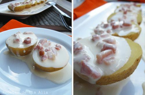 Patatas con salsa de queso, beicon  y cerveza