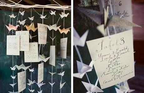 DIY mesas invitados boda pajaritas de papel colgantes