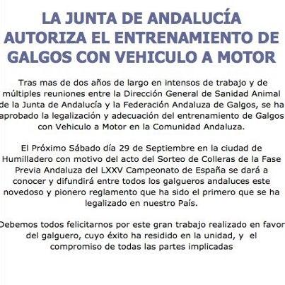 Foto: Si el galguero tiene licencia como deportista que entrene él... si la tiene como técnico quiero saber que estudios realiza, porque dudo mucho que sean capaces de aprobar teoria y practica del entrenamiento deportivo, anatamonia, fisiologia, dietetica, nutrición , biomecanica etc etc etc   Copio de Pro galgo  OS ANIMO A TODOS DE PROTESTAR CONTRA SEMEJANTE IDIOTEZ!! COMO PUEDEN PERMITIR ESTO? PARA QUE MAS GALGOS MUEREN ARRASTRADOS POR VEHICULOS? ESCRIBID VUESTRA QUEJA EN : http://www.juntadeandalucia.es/informacion/contacto.html