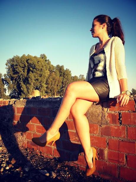 Leather skirt.