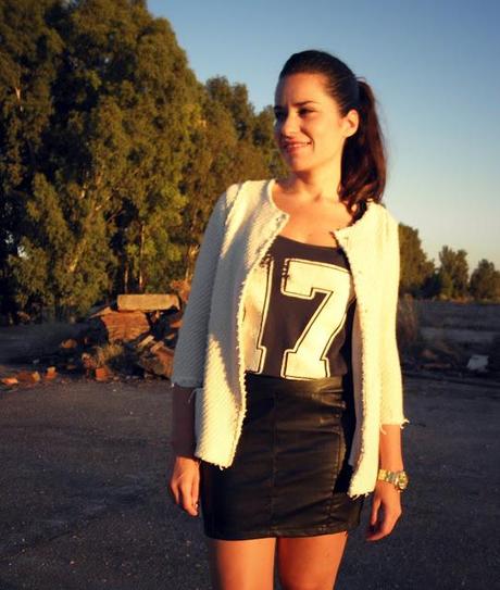 Leather skirt.