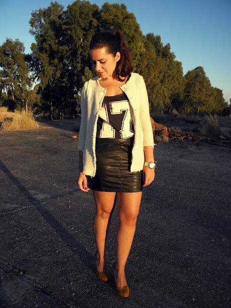 Leather skirt.