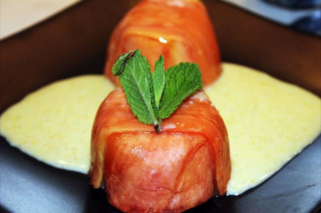Terrina de papaya al té verde y salsa de maíz dulce