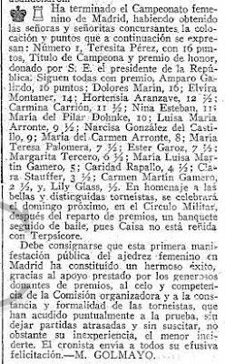 Artículo de Manuel Golmayo sobre el Torneo Femenino de Ajedrez Madrid 1934