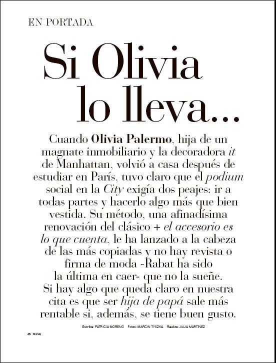 Olivia Palermo para TELVA , edición Octubre 2012.