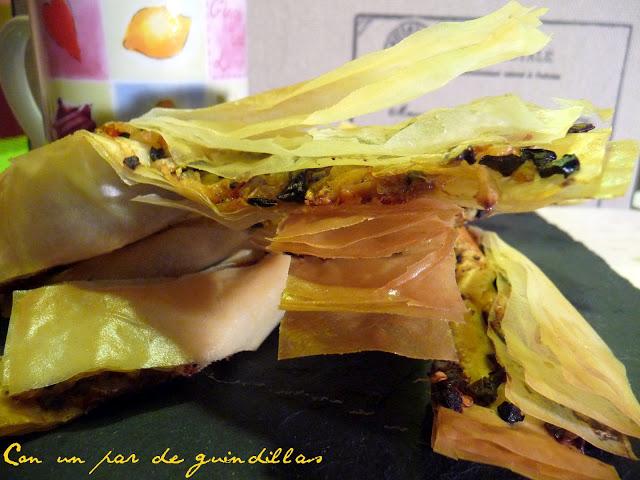 Tirabuzones de pasta filo rellenos