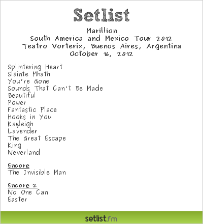 Marillion Setlist Teatro Vorterix, Buenos Aires, Argentina, South America and Mexico Tour 2012
