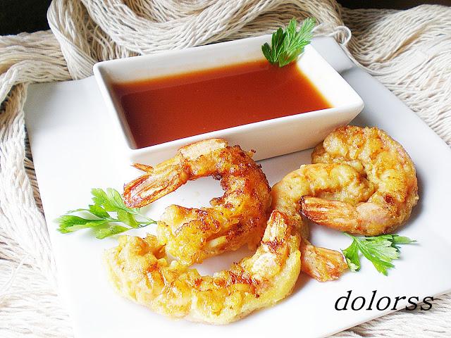 Gambas en tempura con salsa agriducle