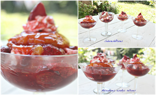 MELOCOTONES ASADOS RELLENOS DE NATA Y FRESAS ASADAS