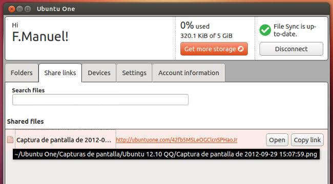 Ubuntu 12.10 compartiendo enlaces en Ubuntu One