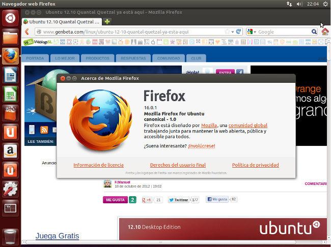Ubuntu 12.10 con Firefox 16