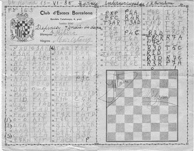 Planilla original de la partida Ribera-Maristany en el Torneo Internacional de Ajedrez Barcelona 1935