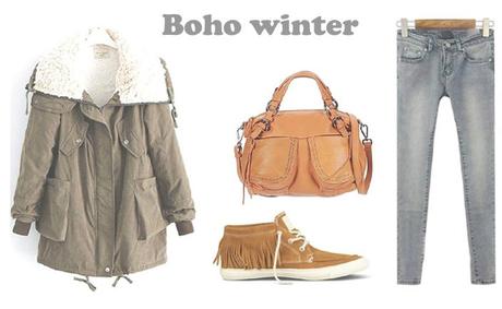 Idea de outfit bohemio con jeans y parka