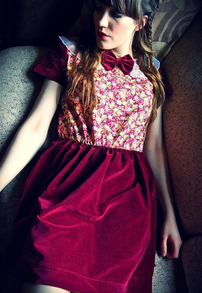 Image of Floral Red Velvet Organza Peter Pan Collar Dress