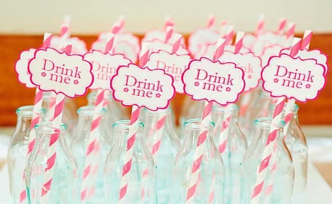 botellitas pajitas Fiesta vintage en tonos rosas