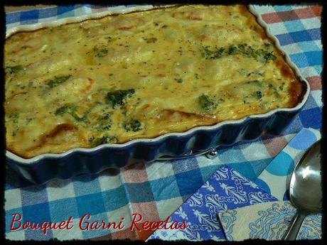 Quiche (sin masa) de brócoli, choclo y queso Brie