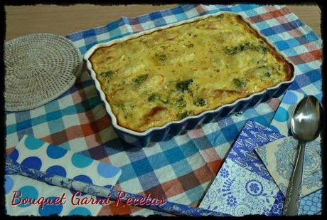 Quiche (sin masa) de brócoli, choclo y queso Brie