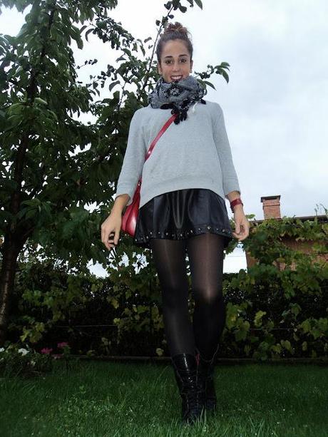 Leather Skirt and Sweatshirt