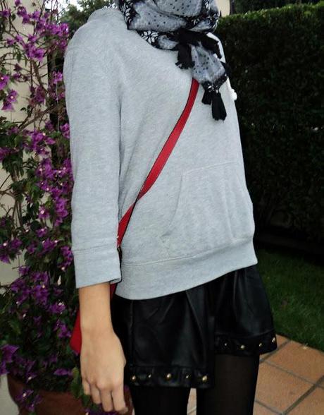 Leather Skirt and Sweatshirt