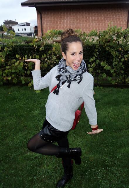 Leather Skirt and Sweatshirt