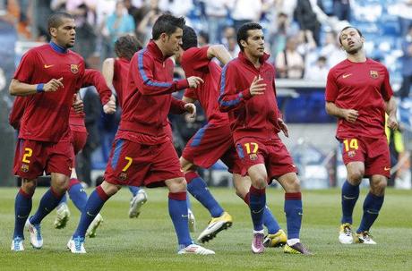 Calentamiento del F.C. Barcelona. Antes del partido