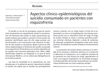 Aspectos clínico-epidemiológicos del suicidio consumado en personas con esquizofrenia - Gómez-Durán y col.