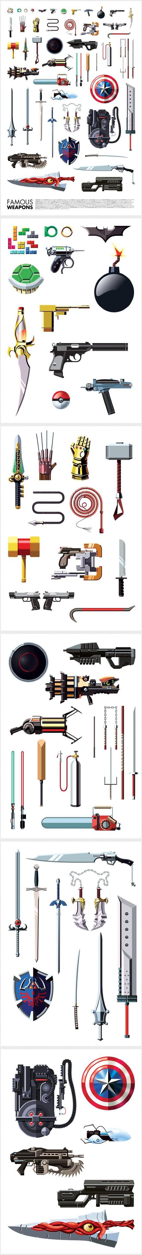 Sensacional colección de armas famosas de comic books, videogames, películas y series de TV