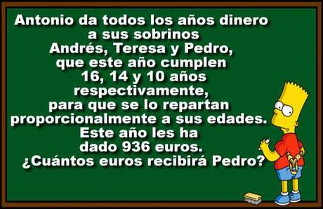 Antonio da todos los años dinero a sus sobrinos Andrés, Teresa y Pedro, que este año cumplen 16, 14 y 10 años respectivamente, para que se lo repartan proporcionalmente a sus edades. Este año les ha dado 936 euros. ¿Cuántos euros recibirá Pedro? El Quizz de Hoy…¿Cuanto sabes de la Eso ? Prueba de nivel de 3º de ESO – JUEGO QUIZZ DE PREGUNTAS