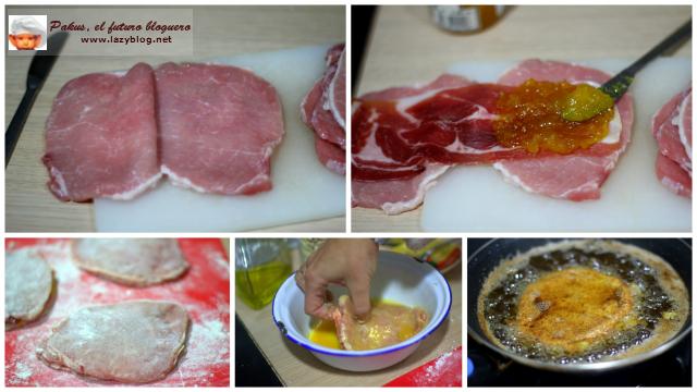 Librillos de lomo de cerdo rellenos de mango y jamón. Receta para niños