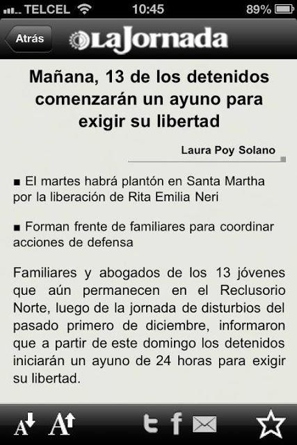 #TodosSomosPresos Inician ayuno 13 de los detenidos el pasado 1D . Apoyemos a la manifestación que saldrá de la Estela de Luz , Domingo 16 de diciembre a las 11 am