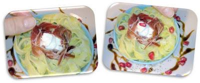 Nidos de espárrago verde y queso con ibérico y bacalao