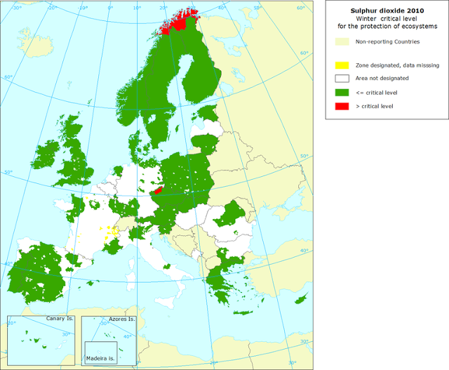 SO2: Mapa del valor crítico invernal para protección de ecosistemas (Europa, 2010)
