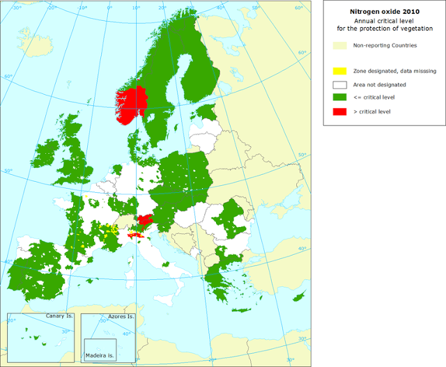 NOx: Mapa del valor crítico anual para protección de la vegetación (Europa, 2010)