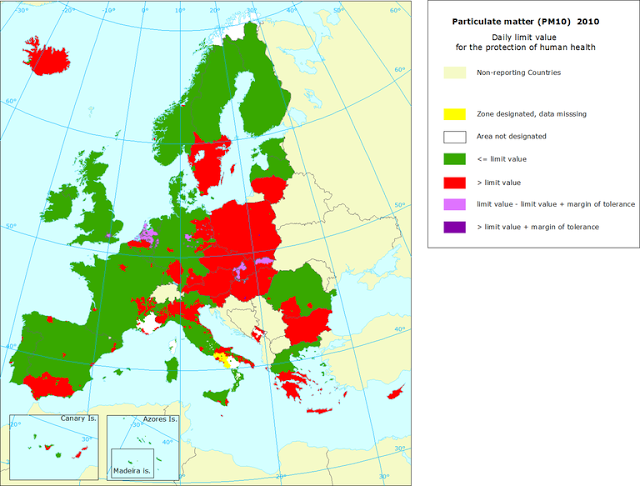 PM10: Mapa del valor límite diario para protección de la salud (Europa, 2010)