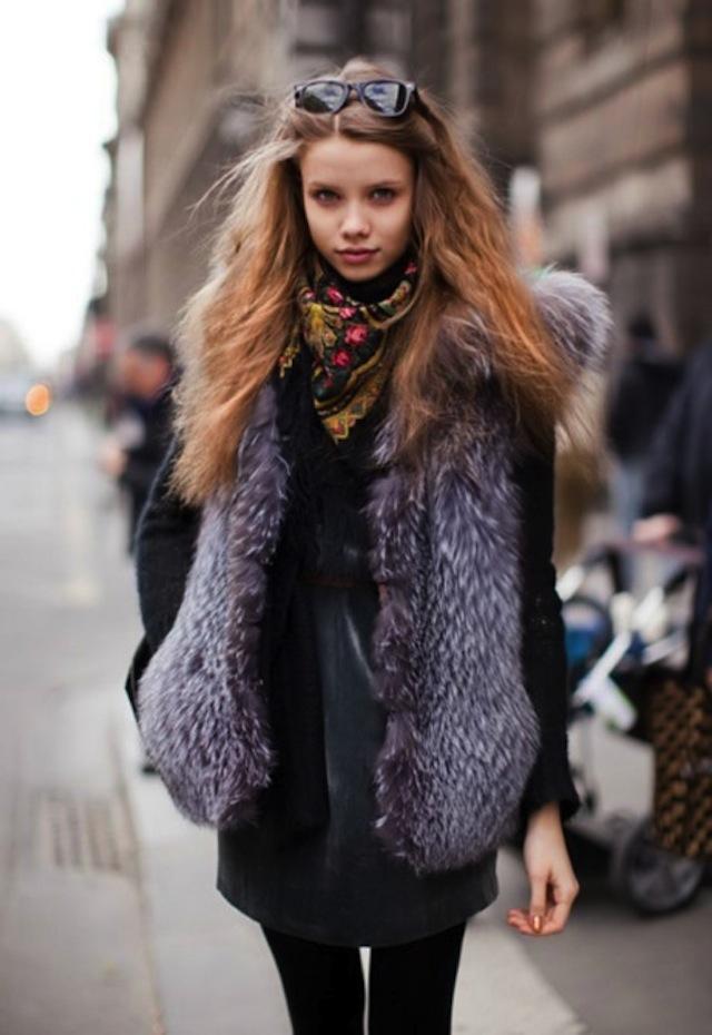 girl with grey fur vest