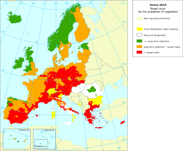 Ozono: Mapa del valor objetivo para protección de la vegetación (Europa, 2010)