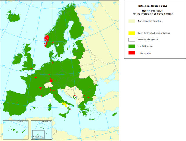 NO2: Mapa del valor límite horario para protección de la salud (Europa, 2010)