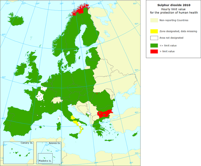 SO2: Mapa del valor límite horario para protección de la salud (Europa, 2010)