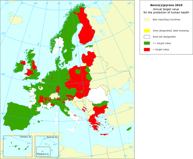 Benzo(a)pireno: Mapa del valor objetivo anual para protección de la salud (Europa, 2010)