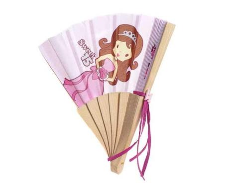 PRESENTACIÓN DULCE DISEÑO abanico de madera quinceañera, encintado en fucsia y letra.