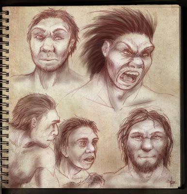 Bocetos de rostros neandertales para la portada.