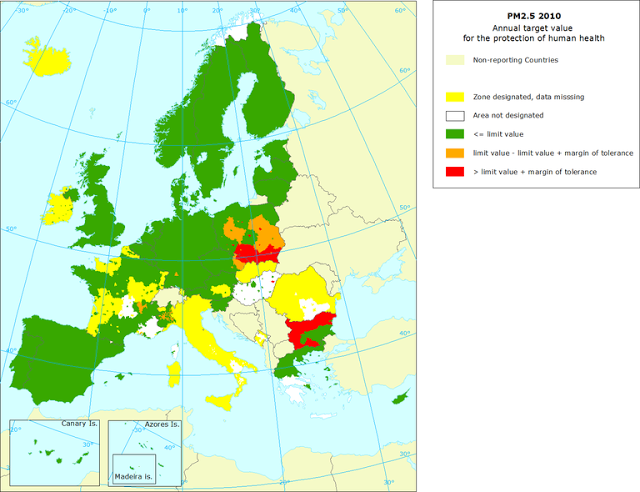 PM2.5: Mapa del valor objetivo anual para protección de la salud (Europa, 2010)