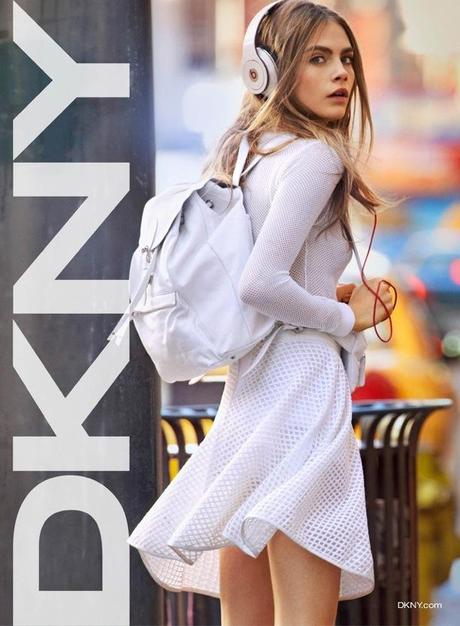 DKNY Model: Cara Delevingne Photographer: Patrick Demarchelier SS Spring Summer 2013 Sporty Athletic Mesh Long Sleeve Top Beats by Dre Headphones Nylon Backpack Mesh Skater skirt