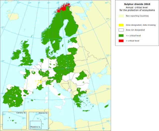 SO2: Mapa del valor crítico anual para protección de ecosistemas (Europa, 2010)