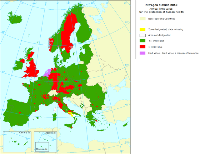 NO2: Mapa del valor límite anual para protección de la salud (Europa, 2010)